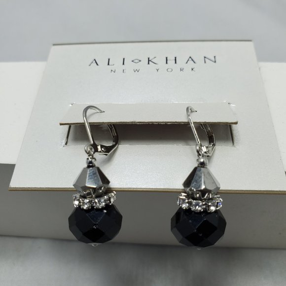 ALI KHAN  imperial black silver French wire with rhinestone spacer earring - Picture 5 of 5